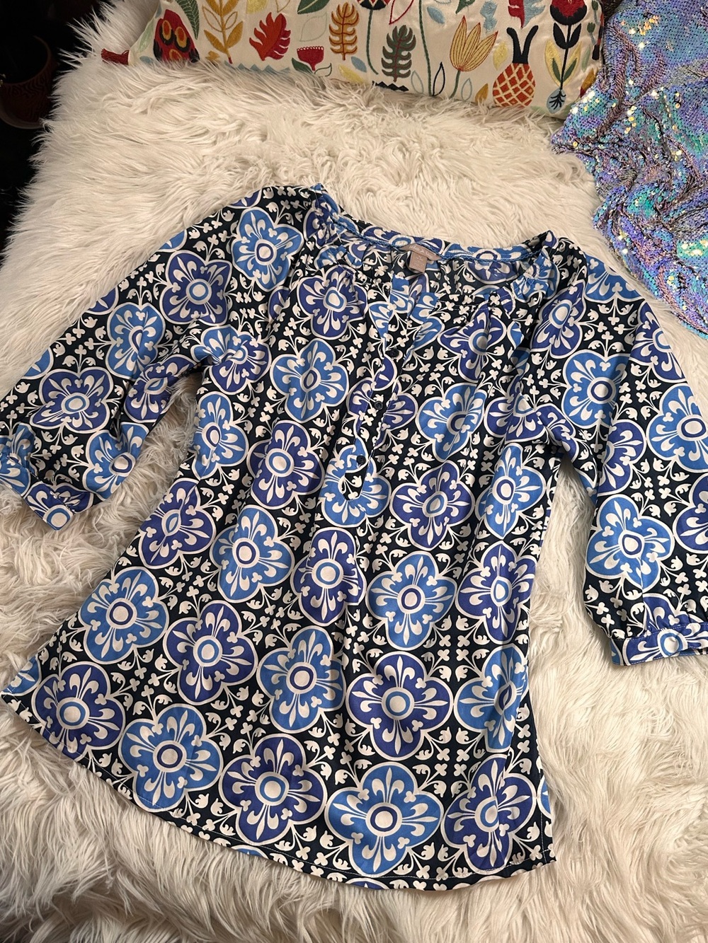 White Stag • Y2K Blue Tone Floral Art Deco Tunic
